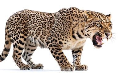 Aggressive Leopard Roaring, Isolated on White