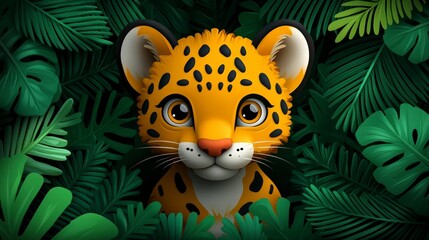 Adorable Baby Leopard Cub Hidden in Lush Tropical Jungle Foliage