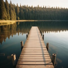 Obraz premium Serene Wooden Dock Extending into a Calm Lake Surrounded by a Forest