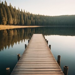 Wooden Dock Extending into Serene Lake at Dawn