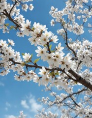 Obraz premium White cherry blossoms adorning tree against blue sky backdrop, outdoor paradise, floral extravaganza, flora and fauna, blooming tree, clear skies
