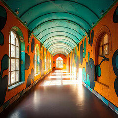 Fototapeta premium A colorful, abstract, and surreal interior space with a long hallway featuring arched ceilings and walls decorated with vibrant, organic shapes and patterns in shades of teal, green, blue, and black.