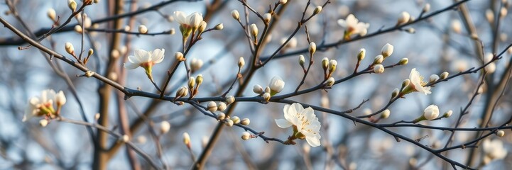 White spring flower buds on blue-gray tree branches early morning, tree branches, blue-gray color