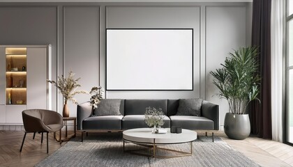 3D Illustration of Modern Interior Poster Frame Mockup with Stylish Furniture Decoration Vibrant, Minimalistic and Sophisticated 3D Render Emphasizing Modern Aesthetics