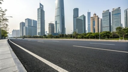 Wide asphalt road stretching through a modern cityscape with sleek skyscrapers and glass towers in the background, skyscraper, cityscape, urban architecture, concrete highway, urban landscape