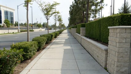 Wide shot of a well-maintained sidewalk lined with concrete block walls and a neat hedge on either side of a modern street, city streets, street scenery, building facades