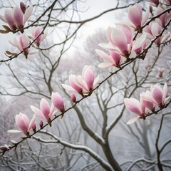 Pink Magnolia Blossoms in Winter Snow