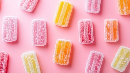 Colorful frozen popsicles arranged on a pink surface, evoking a fun summer vibe with vibrant hues