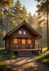 Wooden cabin in the woods lit by warm evening light, trees, wildlife, woods