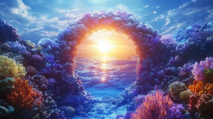 Naklejka premium Vibrant Coral Reef Archway Framing Sunset Ocean Scene