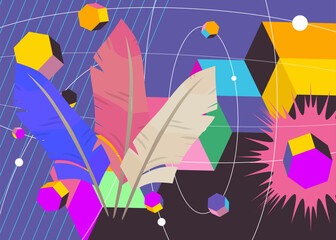Feather geometrical graphic retro theme background. Minimal geometric elements. Vintage abstract shapes vector illustration.