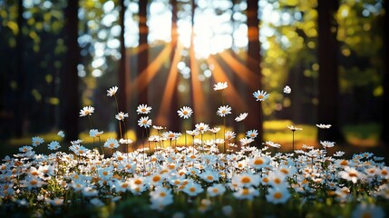 Naklejka premium Sunlit Meadow Blooming Daisies in Spring Forest