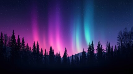 A breathtaking night scene showcasing vibrant auroras glowing above a dark forest, blending hues of pink, purple, and blue against a starlit sky.