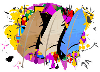 Feather graffiti. Abstract modern street art decoration performed in urban painting style.