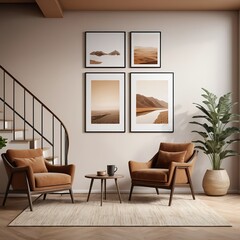 Modern Living Room Interior with Beige Armchairs and Desert Landscape Prints