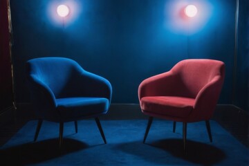 Obraz premium Modern Armchairs in Moody Setting with Dramatic Lighting and Blue Velvet Upholstery