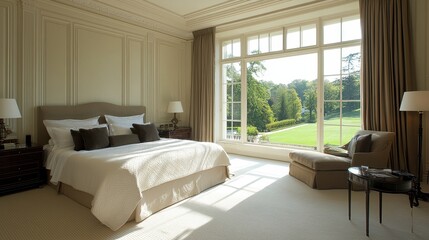 Fototapeta premium A serene bedroom featuring a large window with a view of nature, elegant furnishings, and soft lighting for a tranquil atmosphere.