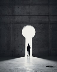 Obraz premium Mysterious Silhouette Facing Keyhole on Dark Background