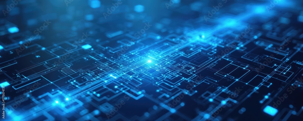 Leinwandbilder Blue tech abstract background illustration. Futuristic glowing circuit board pattern. Digital data streams through network connections. Visualization of computer engineering, science innovation in