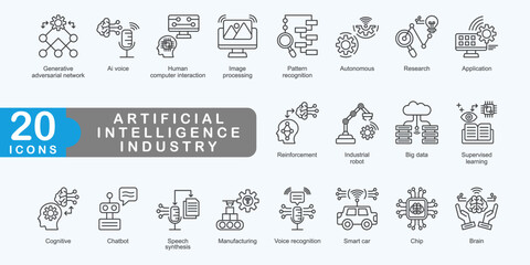 Artificial Intelligence Industry outline icon set collection. Consist of Generative adversarial network, Ai voice, Human computer interaction, Image processing, Autonomous. Simple vector illustration.
