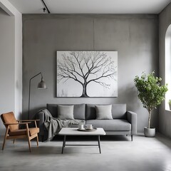 Modern Gray Living Room Interior with Bare Tree Artwork