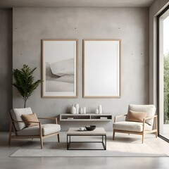 Fototapeta premium Modern Minimalist Living Room Interior with Beige Armchairs and Blank Artwork