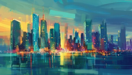Artistic skyline, city lights at dusk reflects on the water; painting with bold strokes, modern