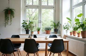Fototapeta premium Minimalist home interior boasts white walls, wooden dining table with black chairs, plants creating tranquil ambiance. Modern space accentuated by natural light, indoor green plants, enhancing