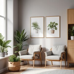 Modern Living Room Interior with Plants and Wooden Armchairs