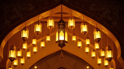 Obraz premium Mesmerizing Golden Lanterns Hanging in a Row Casting Warm Light on Ornate Archway - Ramadan Kareem