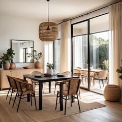 Modern Minimalist Dining Room with Natural Light and Woven Accents
