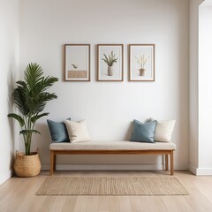 Fototapeta premium Minimalist Modern Living Room Interior with Bench and Plants