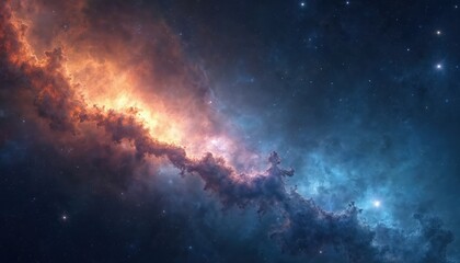 Fototapeta premium Digital space abstract graphic poster with galaxy, nebula. Orange, blue glowing cosmic stardust texture for wallpaper. Universe starry sky, dark night background, interstellar starlight illustration.