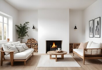 Fototapeta premium Cozy Minimalist Living Room with Fireplace and Natural Elements