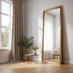 Fototapeta premium Modern Minimalist Living Room Interior with Gold Mirror and Natural Light