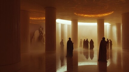 Figures in a Hazy Classical Hallway Gathering