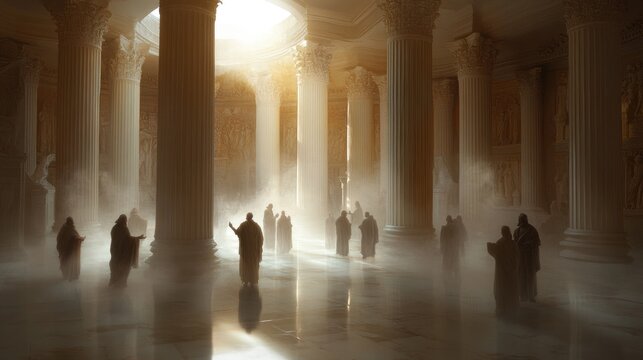 Ancient Figures Gather in a Grand Hall of Columns - Powered by Adobe
