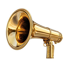 Obraz premium Classic gold megaphone horn with a polished finish, vintage announcement device, isolated on transparent or white background, png