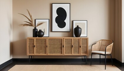 Modern Beige Living Room Interior with Rattan Cabinet and Abstract Art