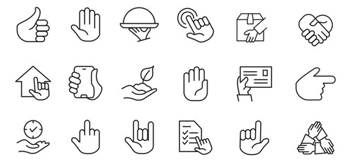Thumb up and like gesture editable stroke outline icons set isolated on white background flat vector illustration. 