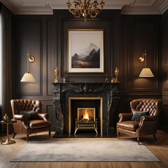 Fototapeta premium Luxurious Living Room with Fireplace and Leather Armchairs