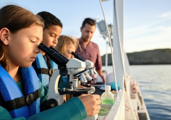 Students observing marine samples on a boat