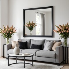 Modern Living Room Interior with Grey Sofa and Large Mirror