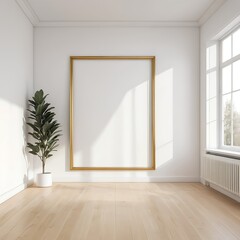 Empty Room with Large Gold Frame and Plant
