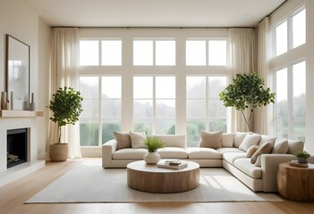 The living room with a fireplace and a chair with two plants beside it has bright room lighting made by AI Generated