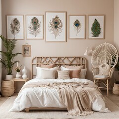 Bohemian Bedroom Interior with Peacock Feather Prints