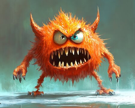 Angry orange monster stands on wet floor