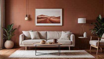 Modern Living Room Interior with Beige Sofa and Desert Landscape Art