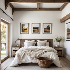 Cozy Farmhouse Bedroom Interior with Wooden Beams