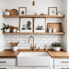 Modern Farmhouse Kitchen Interior with White Cabinets and Wooden Shelving